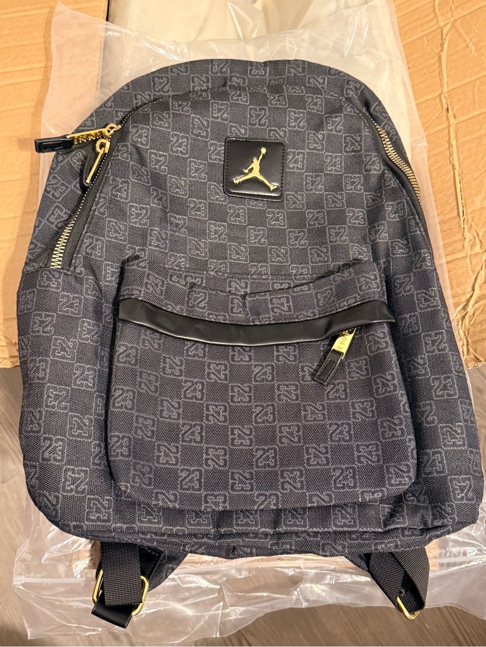 Jordan Black Patterned Backpack with Gold Hardware